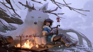 女孩在雪地森林營火旁巨大白色狐狸旁邊彈奏豎琴 — 狼 壁紙