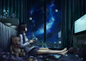 女孩在床上抱著泰迪熊在星空下閱讀。 — 閱讀 壁紙
