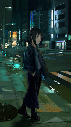 動漫女孩在夜晚的雨中霓虹街道上獨自行走。