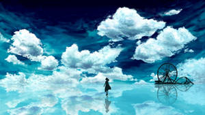 一個人在有雲和摩天輪倒影的天空下在水面上行走。 — 藍天 壁紙