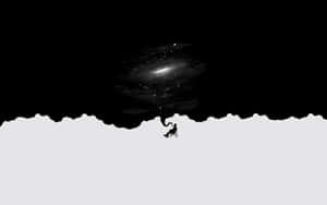 一個人坐在椅子上，在鮮明的黑白場景中凝視著發光的星系。 — 極簡美學 壁紙