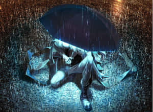 動漫角色在雨夜的城市街道上坐在雨傘下。 — 雨 壁紙