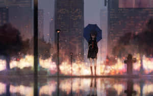動漫女孩在雨夜的城市中拿著藍色雨傘，發光的燈光在水坑中反射。 — 雨天 壁紙