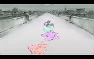 動漫女孩穿著彩色長袍在雪橋上行走，旁邊有古老建築 — 2880x1800 壁紙