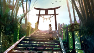 動漫女孩站在森林中的鳥居前，夕陽時分。 — 靚靚動畫 壁紙