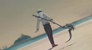 動漫戰士拿著鐮刀在黃昏的海灘上行走 — 獵人 壁紙