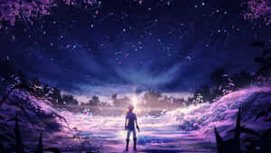 動漫戰士站在發光的田野中，在星空下，有星座。 — 薩爾達 GIF 壁紙