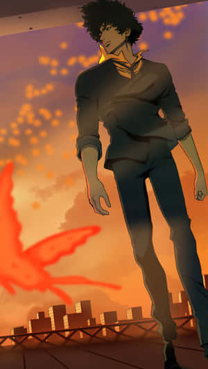 夕陽下屋頂上的動漫男子，附近有發光的紅鳥飛翔。 — Oppo 壁紙