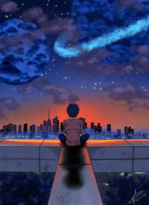 動漫男孩坐在屋頂上觀看城市燈光和星空與藍色彗星 — 動漫男孩 壁紙