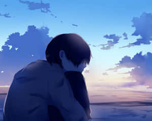 動畫男孩穿著外套看著水面上的暮色天空 — 可憐動漫 壁紙