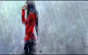 穿紅色外套的女人在大雨中抽煙。 — 黑川伊佐那 壁紙