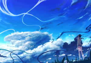 女孩站在草地上仰望藍天，有雲朵和漂浮的氣泡。 — 天空景觀 壁紙