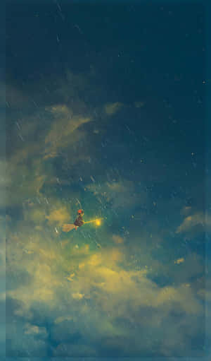 一個女巫騎著掃帚飛過暴風雨夜空，手持發光燈籠。 — Galaxy Tab A 壁紙