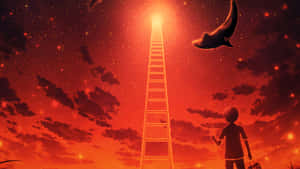 拿著袋的孩子仰望發光梯子，背景是紅色星空和跳躍虎鯨 — 靚靚動畫 壁紙
