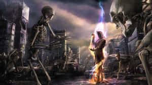戰士在廢墟城市中對巨型骷髏施放火焰魔法。 — 魔法 GIF 壁紙