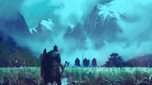 戰士手持斧頭和盾牌，在黃昏時分站在草地上，面前是積雪的山脈。 — 維京人 GIF 壁紙