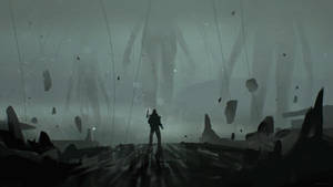 一個孤獨的戰士在迷霧荒地中對抗巨大的陰影人物。 — 1920x1080 壁紙