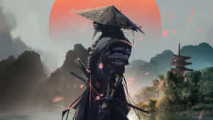 身穿暗色盔甲和草帽的武士戰士，站在有櫻花和 pagoda 的燦爛日落前。 — 武士 壁紙