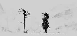 身穿盔甲的武士站在荒涼風景中的箭架旁。 — 日本武士 壁紙