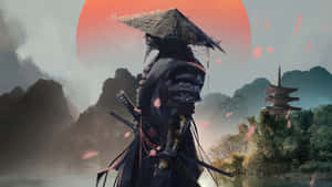 身穿深色盔甲的武士戰士站在燦爛的橙色日落前，櫻花和遠處的寶塔相伴。 — 武士 壁紙