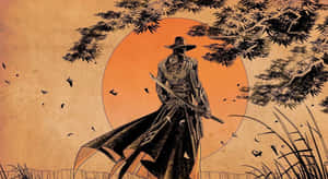 武士戰士在日落時分站在松樹下，落葉飄零。 — 武士Champloo 壁紙