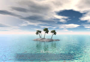 一個小島，棕櫚樹在平靜的藍色海水中，天空多雲，帶有希望一詞和聖經經文。 — 聖經經文 壁紙