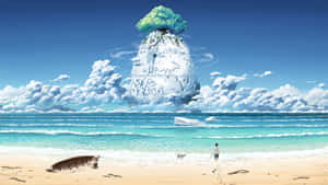 一個男孩在海灘上走向一個有樹的浮島。 — 城堡 壁紙