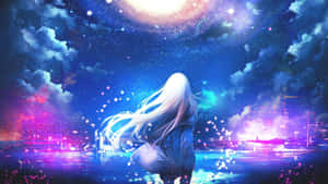 白發動漫女孩站在星光燦爛的宇宙天空下，伴隨著發光的粒子。