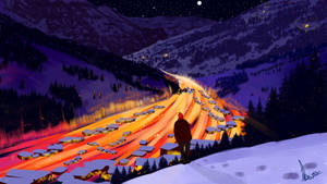 穿著紅色外套的人俯瞰白雪覆蓋的山脈中發光的冬季高速公路，星空下 — 3840x2160 壁紙