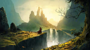 一個孤獨的長袍身影在奇幻風景中凝視著夕陽下的瀑布和城堡。 — 魔法 GIF 壁紙