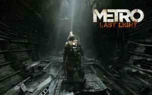 一名戴著防毒面具的士兵在Metro Last Light中穿過廢墟般的地下隧道。 — 蒸氣龐克 壁紙