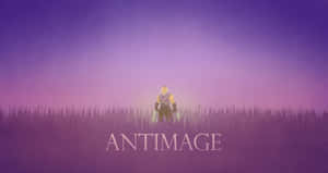 一個孤獨的裝甲人物站在高草叢生的田野中，背景是紫色天空，下方有 antimage 字樣。 — 寵物小精靈 劍與盾 壁紙