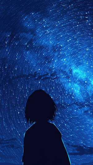 一個人看著旋轉的藍色星系的剪影。 — 可愛動漫女仔 壁紙