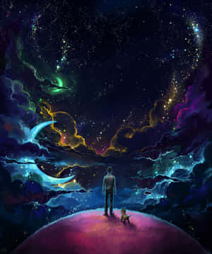男人和狗在山上，在星光燦爛的宇宙天空下，有發光的月亮和星雲。 — 太空美學 GIF 壁紙