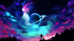 一個人和一隻狗在色彩繽紛的夜空中凝視著一顆發光的環狀行星的剪影。 — 唯美雲朵動態 壁紙