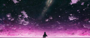一個孤獨的身影仰望帶有發光星系的星空紫色天空。 — 深紫色美學 GIF 壁紙