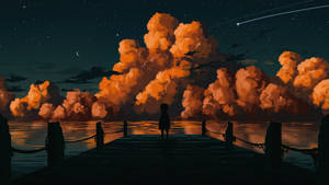 一個人在碼頭上的剪影，在夜晚觀看發光的雲彩和星星。 — 雲朵 壁紙