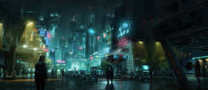 人在夜晚的雨中霓虹未來城市中行走 — 超寬螢幕 壁紙