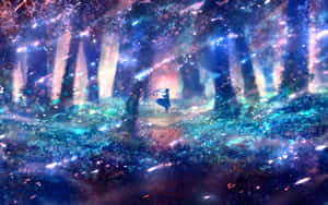 一個人在發光的魔法森林中跳舞，伴隨著魔法火花。 — 粉紅動漫美學 壁紙