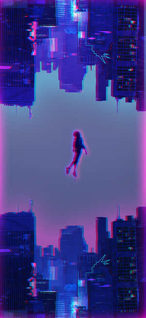 一個人在霓虹暮色天空下，漂浮在上下顛倒和正立的城市景觀之間。 — OnePlus Open 壁紙