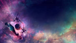 帶著望遠鏡漂浮在色彩繽紛的宇宙星雲中的人 — 漫畫 壁紙