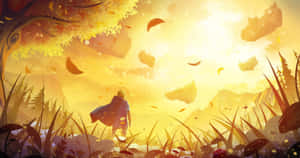 一個披斗篷的身影在金色天空下走過草地，有落葉和浮島。 — 薩爾達 GIF 壁紙