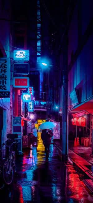 夜晚在東京霓虹燈小巷中撐傘行走的人。 — 夜景城市 壁紙