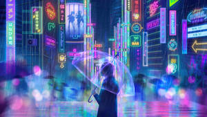 人在霓虹燈照亮的雨夜未來城市中撐著透明傘。 — 霓虹 壁紙