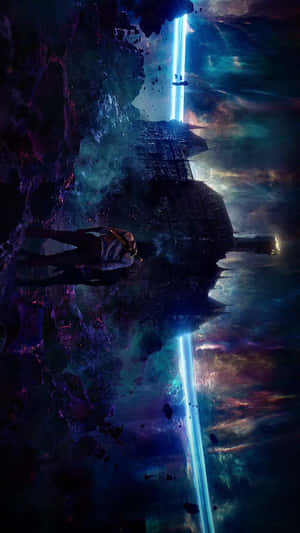 一個孤獨的太空人在破碎的宇宙景觀中漂浮在發光光束附近。 — 漫威超級英雄 壁紙