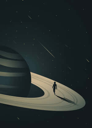 一個人在流星劃過的星空下走在行星的環上。 — 極簡美學 壁紙