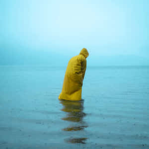 穿著黃色雨衣的人站在淺水中，背景有霧。 — 雨天 壁紙