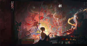 一個穿著傳統長袍的人正在屏幕上與惡魔般的身影玩一個神秘的遊戲。 — 日本龍動畫 壁紙