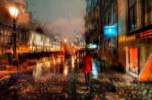 穿著紅色外套的人在雨夜的城市中透過帶有雨痕的窗戶獨自行走。 — 湖 壁紙