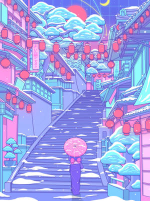 一個穿著紫色和服的人撐著粉紅色雨傘，在夜晚霓虹燈照亮的日本街道上，在發光的燈籠下走上積雪的樓梯。 — 粉藍色 壁紙